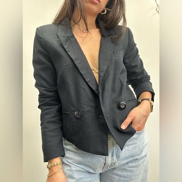 Jason Wu Blue Linen Double Breast Cropped Blazer Size M - Picture 6 of 11